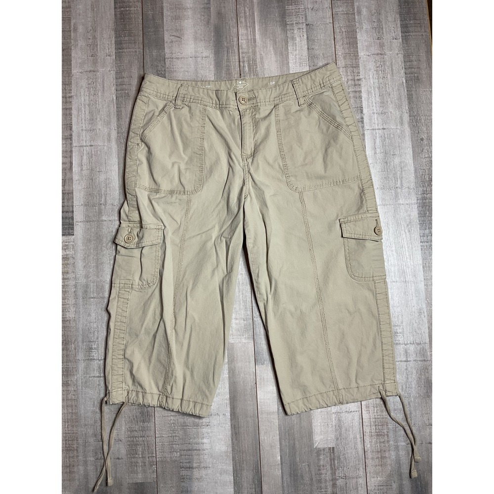 St Johns Bay Womens 10P Khaki Tan Cargo Capri Pants Drawstring Hem Stretch